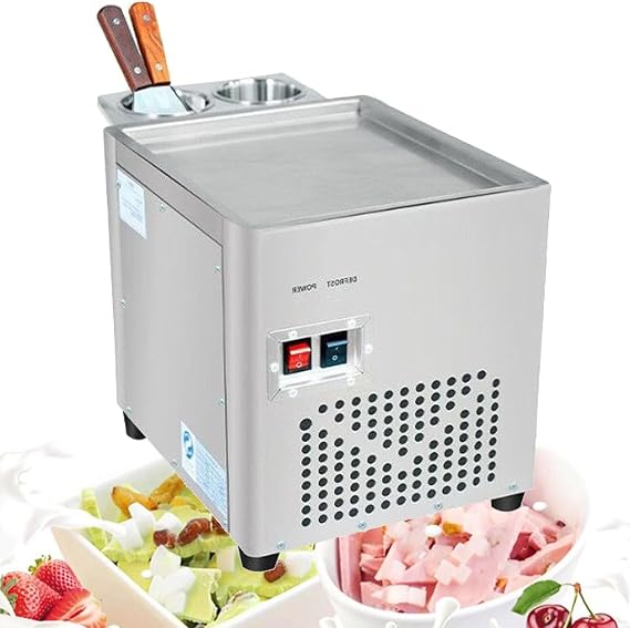 Commercial Rolled Ice Cream Machine, Stir-Fried Ice Roll Machine Double Pans, Stainless Steel Ice Cream Roll Machine w/Square Pan, Yogurt Cream Machine for Bars Cafes Dessert Shops