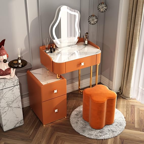 LED Vanity Makeup Dressing Table Set with Stool & Locker - Stylish Bedroom Dresser with HD Mirror for Girls