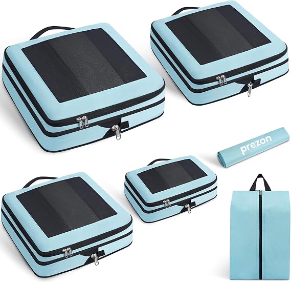 Compression Packing Cubes for Carry on Luggage, Full Open & Mesh Visible Design, 6 Set Expandable Travel Packing Organizer with Laundry Bag and Shoe bag for Vacation, Camping, Business