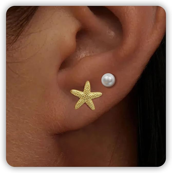 SmileBelle 2 Pairs Daisy Bow Gold Earrings Set for Women, Pearl Earring Set | X Minimalist earrings, Seashell Simple Dainty Earrings, Beach earring Gold Stud Earring for Women Trendy