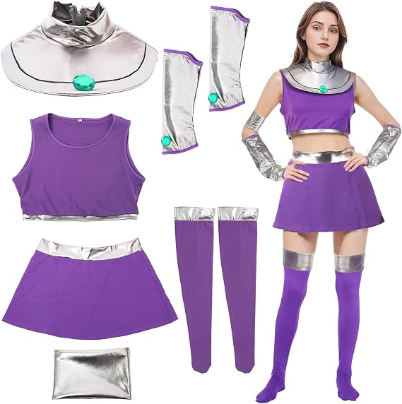 Starfire Costume Women Halloween Anime 6PCS Purple Princess Outfits | 6-piece set, crop top, skirt, jeweled collar, arm sleeves, stockings, polyester, XS2XL, purple silver, cosplay outfits