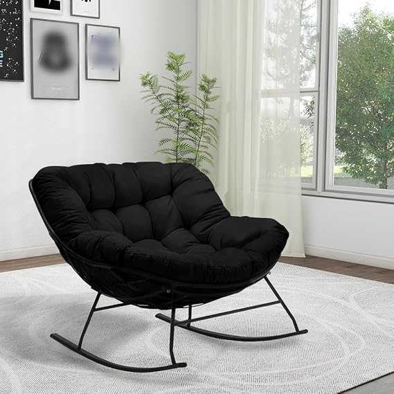 (Only Cushion) Indoor Outdoor Waterproof Papasan Rocking Chair Cushion,Thicken Patio Rocking Egg Chair Cushion, Rattan Chair Cushions, Hammock Chairs Cushions for Garden, Porch, Balcony (Black)