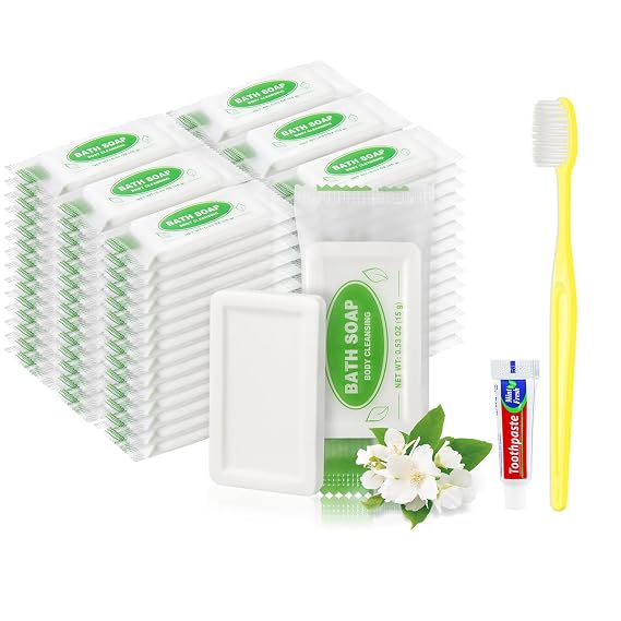 25 pcs Travel Size Bar Soap and 50 pcs Yellow Disposable Toothbrushes with Toothpaste Bulk,Individually Wrapped 0.53 oz/15 grams Soap Bars and Travel Toothbrushes Kit for Homeless,Guests,Hotel