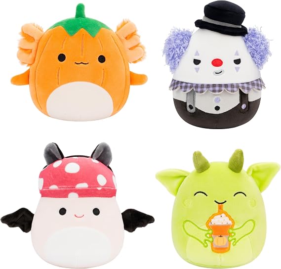 Squishmallows 4 Pack 5 Original Halloween Figures - Gabin Pumpkin Axolotl Fitzy Goblin Holding Latte Malcolm Bat Mushroom Ms. K Purple Clown - Official Jazwares Plush Toy (Small)