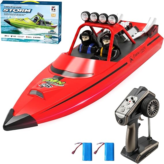 RC Boat W/ 2.4GHz Remote Control, 2 Rechargeable Batteries & LED Lights for Pool Lakes Water, High Speed RC Sport Jet Boat RTR for Adults Gifts Toys (Red)