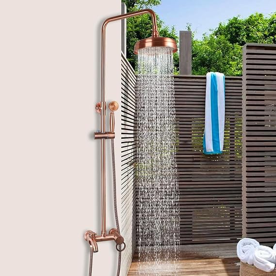 Antique Copper Exposed Shower System 8 Inch Rainfall Shower Head 3 Functions Wall Mounted Outdoor Shower Fixtures Bathroom Shower Kit Antique Brass Shower Faucet Set
