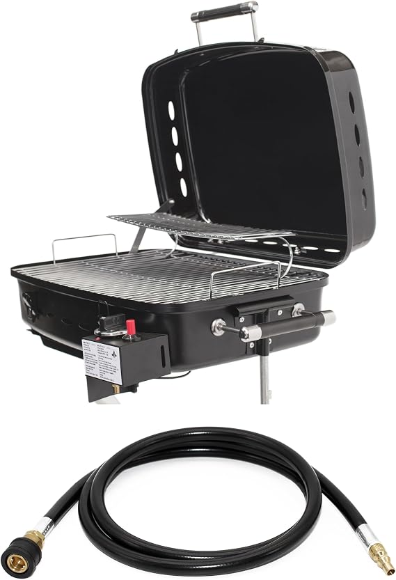 Flame King RV BBQ Grill with 214 Sq Inch Cooking Surface & 72 Inch Quick Connect Gas Hose Bundle - Trailer Mounted Grill with Dual Connect LP Hose