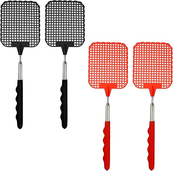 4Pcs Fly Swatter, Extendable Long Handle Fly Swat, Strong Flexible Manual Fly Squatter, Telescopic Handle Fly Swatters for Indoor Outdoor Mosquito Wasp Bug Insect (Red & Black)