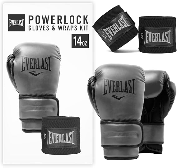 Everlast Powerlock 2R 14oz Boxing Gloves and Core Hand Wraps, Charcoal Grey Boxing Gloves for Bags and Sparring, Hook and Loop, Quad-Layered Foam - Authentic Gear