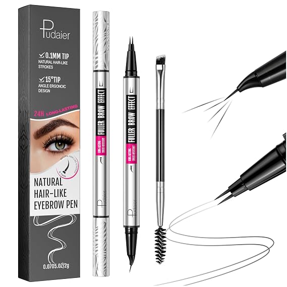 2-in-1 Dual Ended Microblading Eyebrow Pen & Eyebrow Brush, Waterproof 2-Fork-Tip & Precise Brush-Tip for Natural Hair-Like Brows, Perfect Eyebrows Make up,Last 24Hrs. (Charcoal grey)