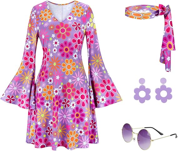 Kranchungel 70s Disco Costumes for Women: Disco Party Dress 70s Outfits - Hippy Halloween Costume for Party-goers Aged 25-35