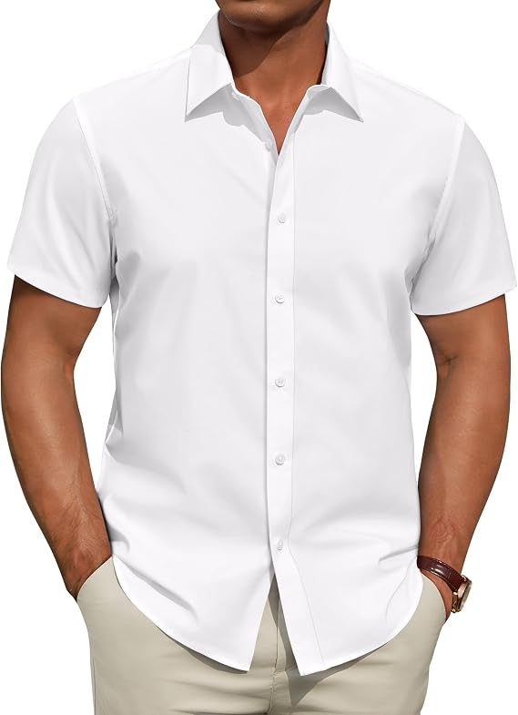 Men's Short Sleeve Dress Shirts Stretch Stain Shield Business Casual Button Down Shirts Solid Formal Wedding Tops