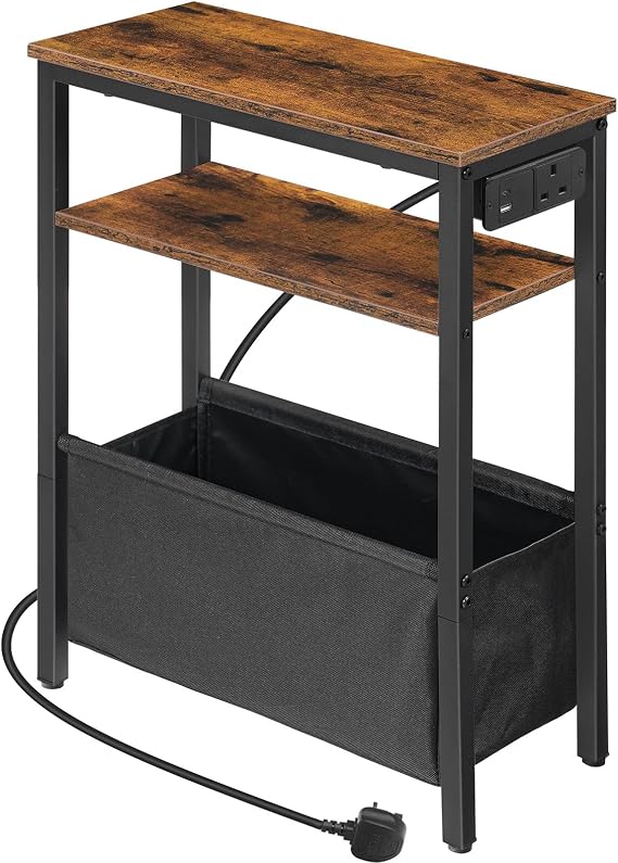 HOOBRO Narrow Side Table, Slim Bedside Table with Charging Station for Small Space, USB & Type-C Ports, 40 x 20 x 60 cm, for Living Room, Rustic Brown and Black EBF125KBZ01