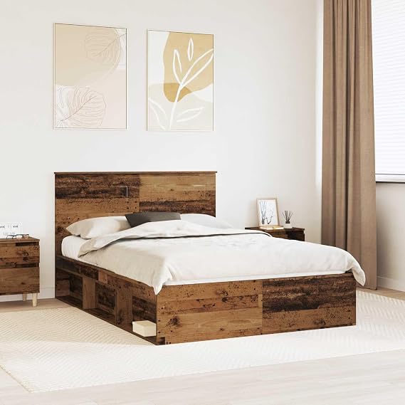 Queen Bed Frame with Headboard Rustic Old Wood Solid Pine & Engineered Wood 153 x 210 x 100 cm Robust Platform Base for Bedroom, Urban Loft, Guest Rooms