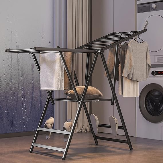 Clothes Rack Clothes Drying Rack, Folding Washing line Indoor Lightweight and Portable Folding Storage Space. (Color : Black)
