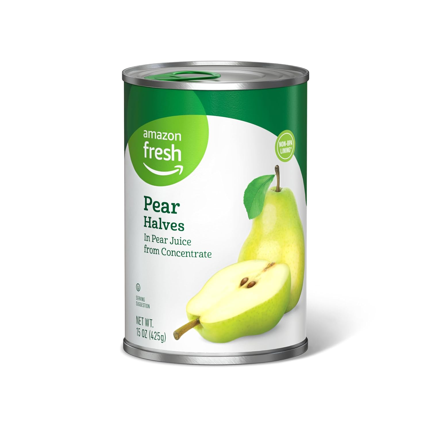 Amazon Fresh Brand, Canned Pear Halves in Pear Juice from Concentrate, 15 Oz Previously Happy Belly, Packaging May Vary