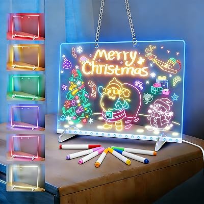 LED Note Board with 7 Colors Light Modes, LED Drawing Board for Kids Hangable Light Up Acrylic Message Board with 7 Markers, Soft Cloth, Hanging Chain Christmas Birthday Gifts 12 x 8in