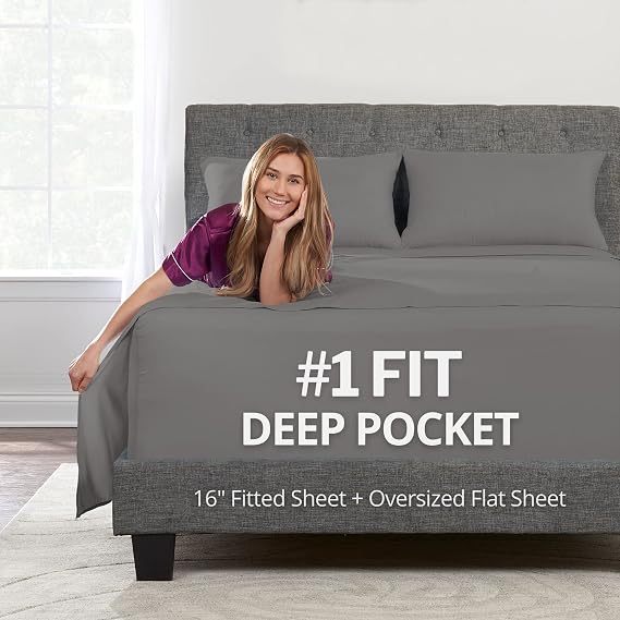 DeaLuxe Deep Pocket Queen Bed Sheets 4-Piece Includes: Real 16 Inch Extra Deep Pocket Fitted Sheet [Best-Fit for 14-18 Mattress] Oversize Flat Sheet 1 Zipper Closure Pillowcase Medium Gray