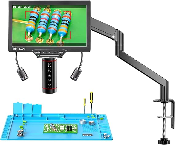 TOMLOV Auto Focus 3K Digital Microscope, 7" TM3K-AF Flex Arm HDMI Micro Soldering Microscope for Adults