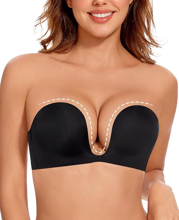 Upushall Strapless Push Up Bras for Women Padded Deep Plunge U Shape Halter Non Slip Seamless Bra