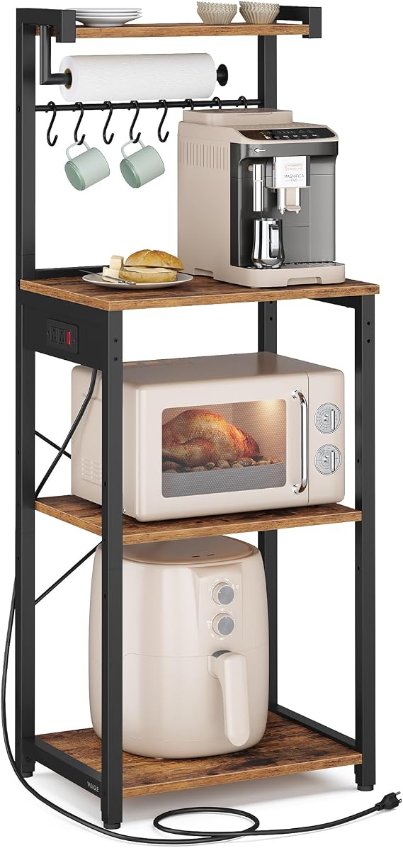 VASAGLE 4-Tier Kitchen Bakers Rack with Power Outlet, 17.7-Inch Wide