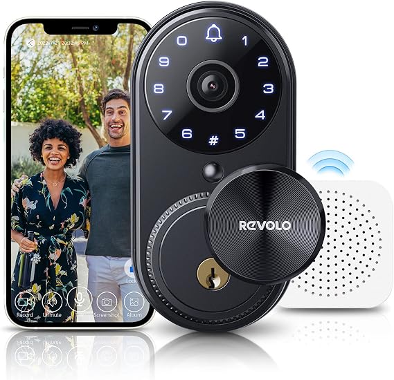 Revolo WFV01 Smart Lock with Camera, WiFi Smart Video Lock, Keyless Entry Door Lock, Doorbell Camera Wireless with Chime, Supports App Control, 1080P HD Video, Alexa Enable, Auto-Locking, Black