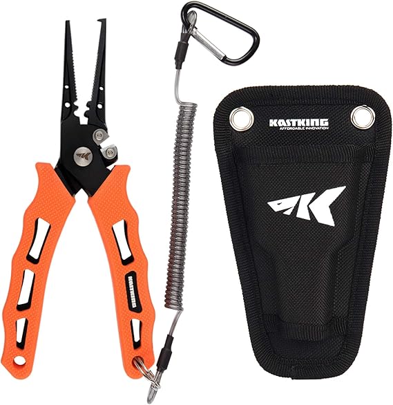 KastKing Cutthroat 7 inch Fishing Pliers, Ice Fishing, Gift for Men | 420 Stainless Steel Fishing Tools, Saltwater Resistant Fishing Gear, Tungsten Carbide Cutters, Sheath, Lanyard & Carabiner