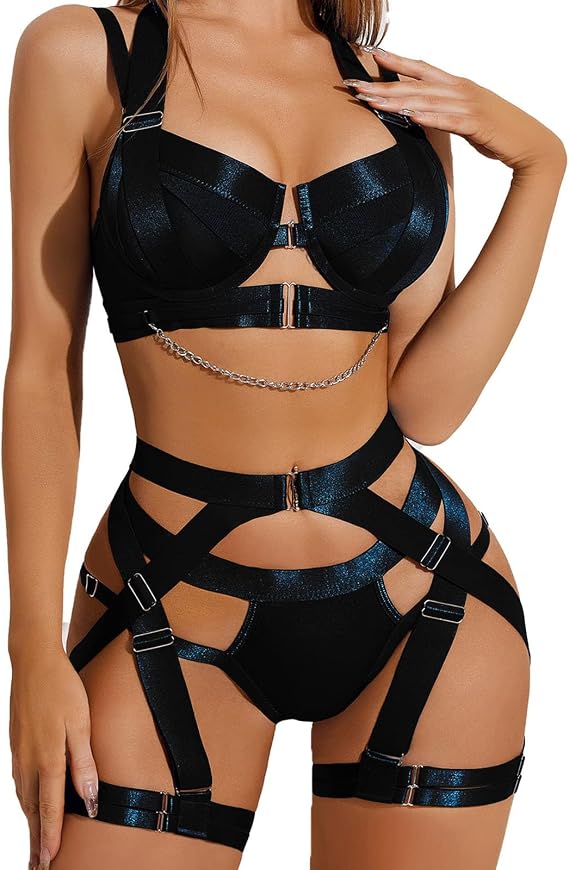 Women Sexy Strappy Lingerie Sets with Garter Belt, Halter Bra and Panty Underwear Set for Sex Naughty