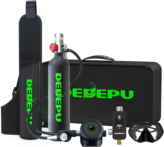 DEDEPU Mini Scuba Tank, 1L Dive Portable Lung Air Tank with Snorkel Mask, Underwater Breathing Diving Gear, Backup Air Cylinder Emergency Rescue Pony Bottle