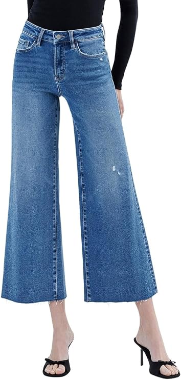VERVET Women's High-Rise Slightly Distressed Raw Hem Wide Leg Jeans
