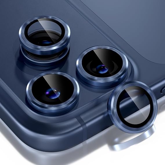 Choiche iPhone 17 Pro/iPhone 17 Pro Max Kamera Lens Koruyucu, 9H Temperli Cam Kamera Kapağı Ekran Koruyucu Metal Halka Dekorasyon Aksesuarları (Mavi)