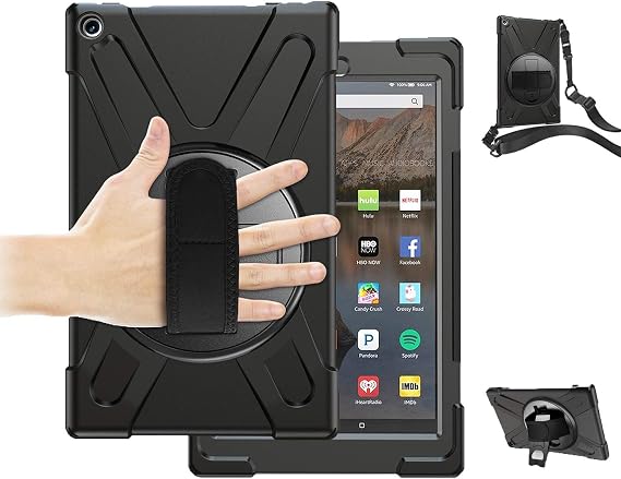 Fire HD 10 Case 2019/2018/2017 Release, Heavy Duty Shockproof Rugged Protective High Impact Cover Case W/Stand Hand Strap Shoulder Strap for Amazon Kindle Fire HD 10 Tablet 9th 8th 7th Gen, Black