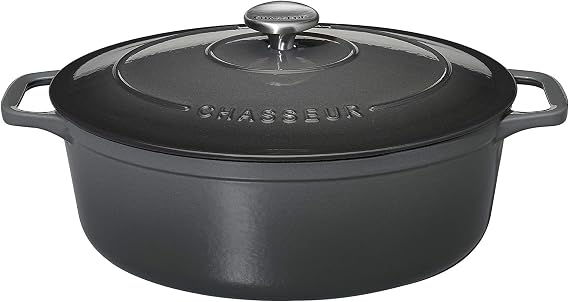 Chasseur French Enameled Cast Iron Casserole (4.2 Quart) Caviar Grey Oval Dutch Oven Pot with Lid for Roasting, Braising & Elegant Table Serving Handcrafted, Sustainable Double Enamel Cookware