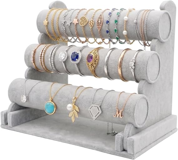 Barelove Velvet Bracelet Holder with 3 Tier Rack, Grey T-Bar Storage Organizer Detachable Display Stand for Necklace Watch Bangles Bracelets Scrunchies Organization Showcase