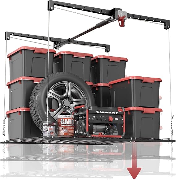 Overhead Garage Storage Lift, 4x4 Ft Ceiling Storage, Heavy-duty Ceiling Mounted Lift System,Ideal for Overhead Space, 250lbs Weight Capacity