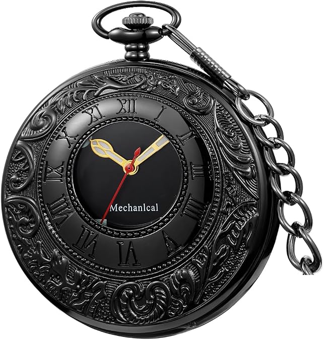 Vintage Design Case Mechanical Men's Watch Double Face Roman Numerals Clock Hand Wind Pocket Watch with Chain&Box