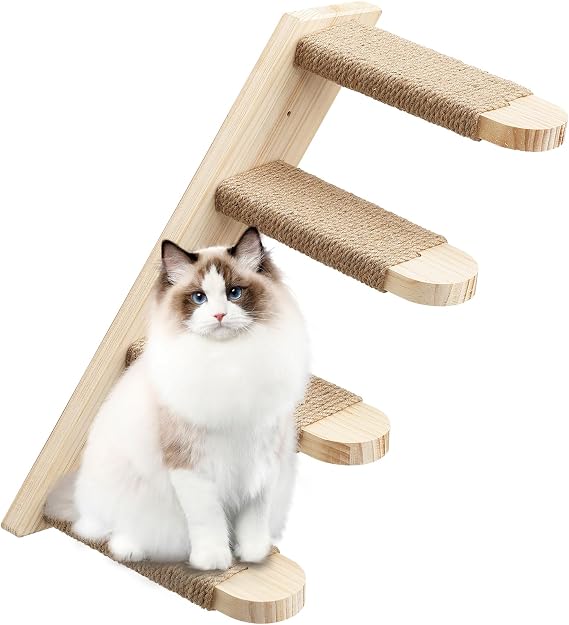 Kedi Tırmanma Rafı Ters Çevrilebilir Kedi Duvar Merdivenleri Jüt Tırmalama ile 4 Merdiven Rafı Ahşap Kedi Duvar Basamakları Rafları Kitty Kediler için Etkinlik Ağacı Duvara Monte Fildişi