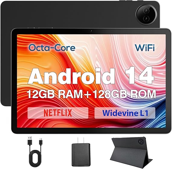 DigiLand Tablet,2025 10.1 Inch HD Octa-Core Processor Gray Android Tablet,12GB RAM,128 GB ROM, BT 5.0, Dual Camera, Office Tablet Computer,Widevine L1 (Gray)