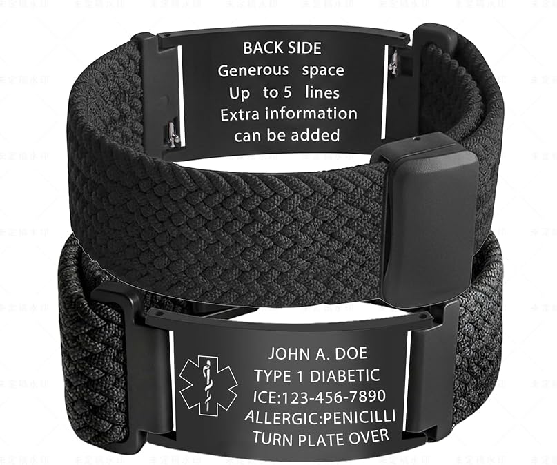 Medical Alert Bracelet - Custom Engraved ID Bracelets for Women & Men, Adjustable Elastic Braided Stretchy Loop Interchangeable Straps, Emergency Medic Alert Wristband for Daily Wear