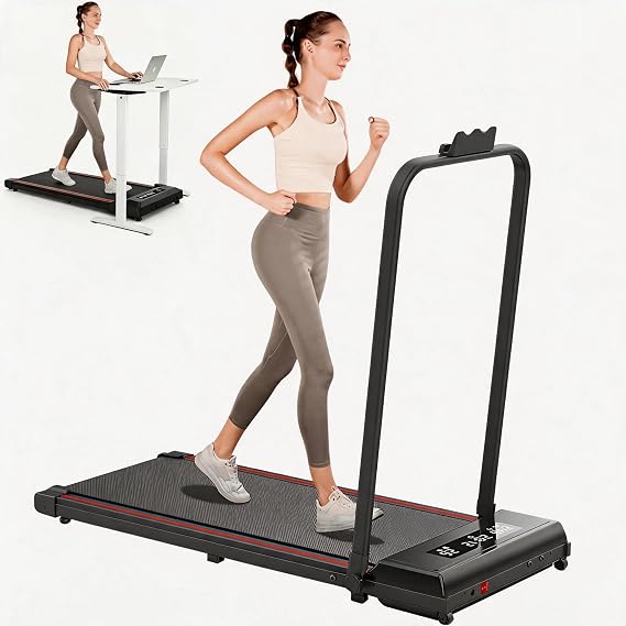 Under Desk Walking Pad with Removable Handle Bar for Home 2.0HP Treadmills for Home Small Space LED Display Electric Mini Portable Walking Pad 0.6-6.2MPH 330LBS Capacity Compact Walking Pad