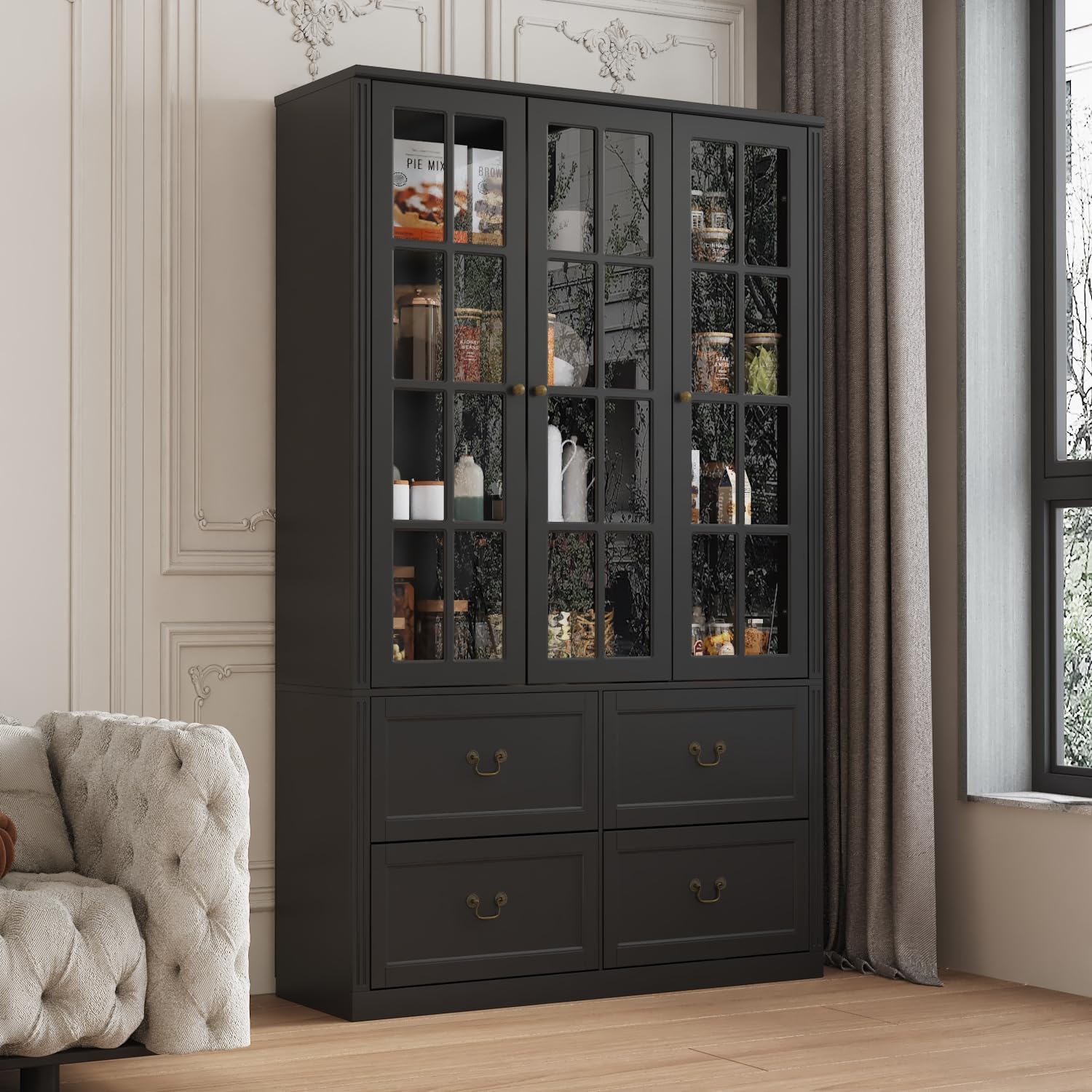 AIEGLE Tall Bookcase with Glass Doors, 47.2 Wide Large 4-Tier Bookshelf with 4 Drawers, China Cabinet Display Storage Cabinet for Living Room Office Storage, Black
