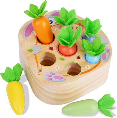 KMTJT Montessori Toys for 1 2 3 Year Old Toddlers, Rabbit Carrot Harvest Game Wooden Toys for 6-12 Months Baby Boys and Girls, Shape Sorting Matching 1st Birthday Easter Gifts for Babies 1-3 Macron