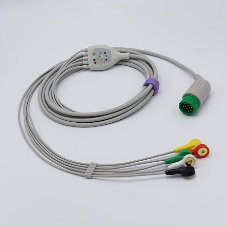Medtronic Physio Control Compatible Direct-Connect ECG Cable 12 Pin 3 Lead 5 Lead Snap Pinch/Grabber Connector ECG Cable IEC Standard CE Approved (5 Leads Snap)