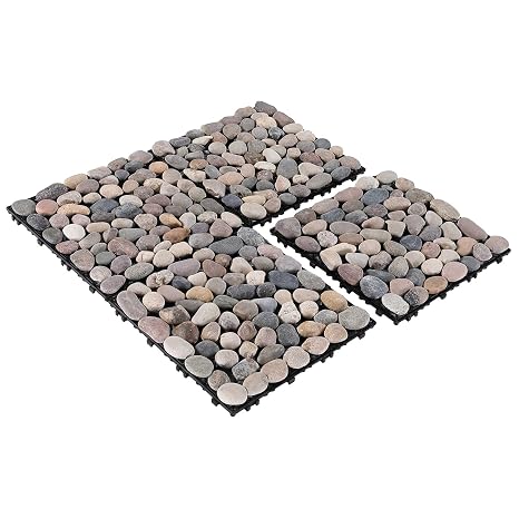 PURE ERA Pebble Interlocking Floor Deck Tiles Polished Real Stone Tile Indoor Outdoor Use 12x12 (4Pcs, 4 sq. Ft, Natural Pebble)- Great Upgrade to Patio Backyard Pathway