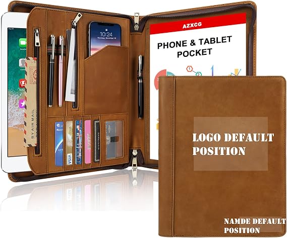 Free Engraved Name, Personalized Leather Portfolio, Custom Padfolio Folio with A4 Notepad Holder, Business Document Organizer Ordner, Resume Zippered Padfolio Case for Men/Women, Customized, Brown