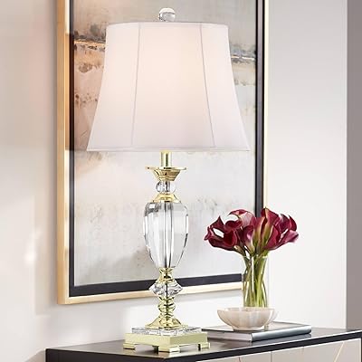 Vienna Full Spectrum Traditional Table Lamp 31 Tall Brass Gold Faceted Clear Crystal White Flared Bell Fabric Shade for Bedroom Living Room Nightstand Bedside Office House Home Family Entryway
