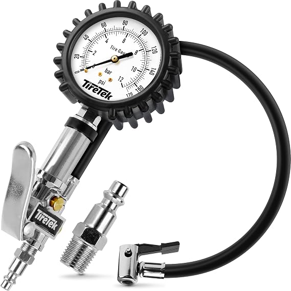 TIRETEK Tire Pressure Gauge for Cars (0-170 PSI, ANSI Certified) Professional Inflator with Secure Air Chuck, Tire Gauge for Pressure, Air Compressor Attachment Inflator Nozzle Low PSI Checker Tester