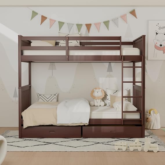 Bunk Bed Twin Over Twin with Storage Drawers, Convertible into 2 Twin Beds, Solid Wood Twin Size Bunk Bed with Ladder and Safety Guardrails for Kids Teens, Espresso