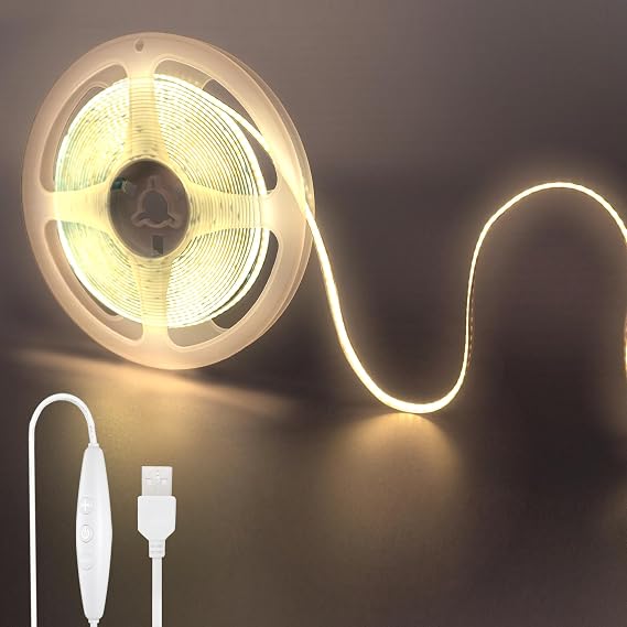 5V COB LED Strip Light Dimmable 5M Natural White 4000K 320 LEDs/M Strong Light 8mm Wide Non-Waterproof IP20 Power Cord Switch, 5 Level Dimmer, 1.5m Cable DIY Home Decor