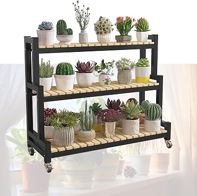 Plant Ladder Shelf 2 Tier 3 Tier Flower Pot Organizer Rack, Ladder Display Rack Holder Indoor Outdoor Metal Plant Stand with Wheels, Garden Flower Storage Rack